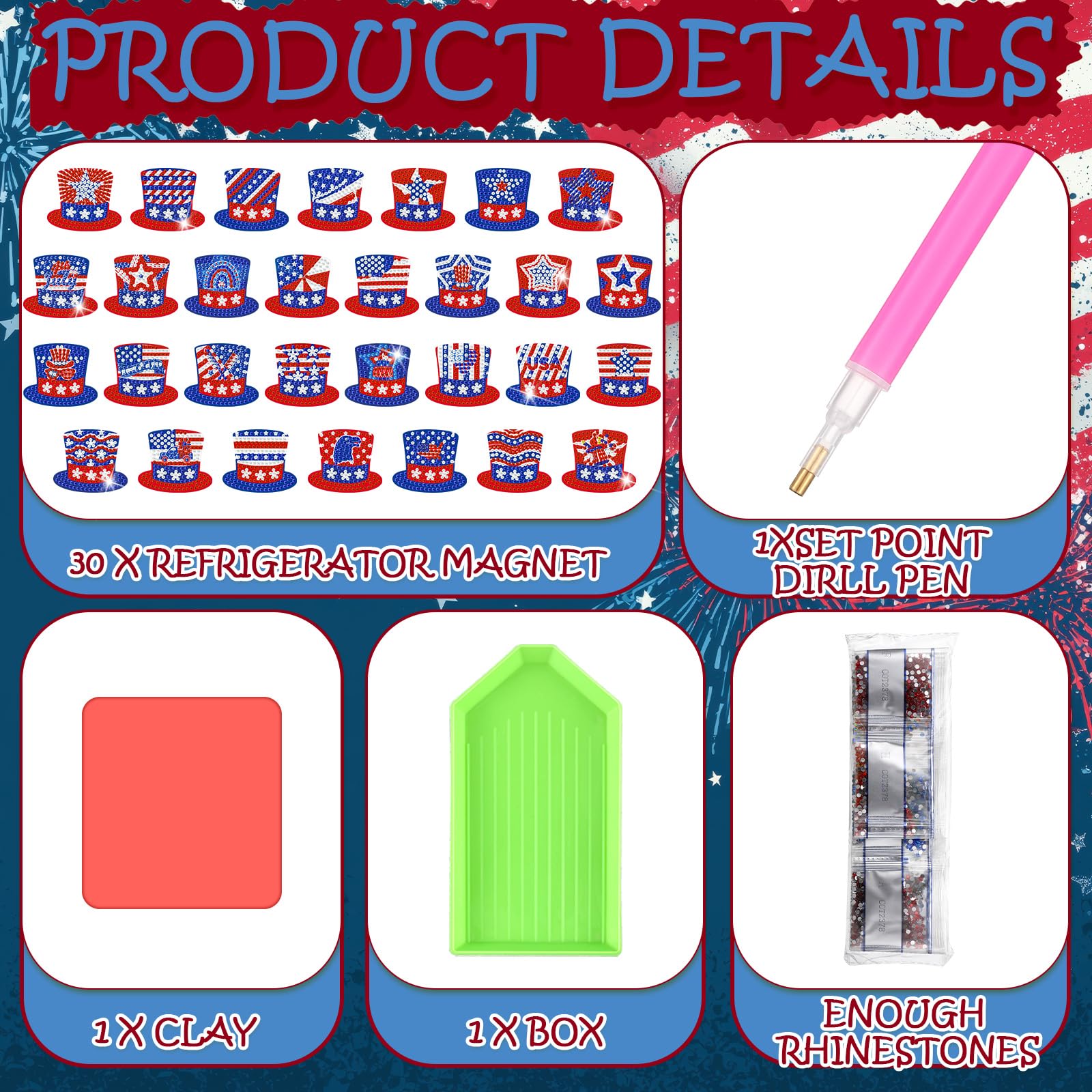 30PCS Patriotic Diamond Painting Fridge Magnets Kit