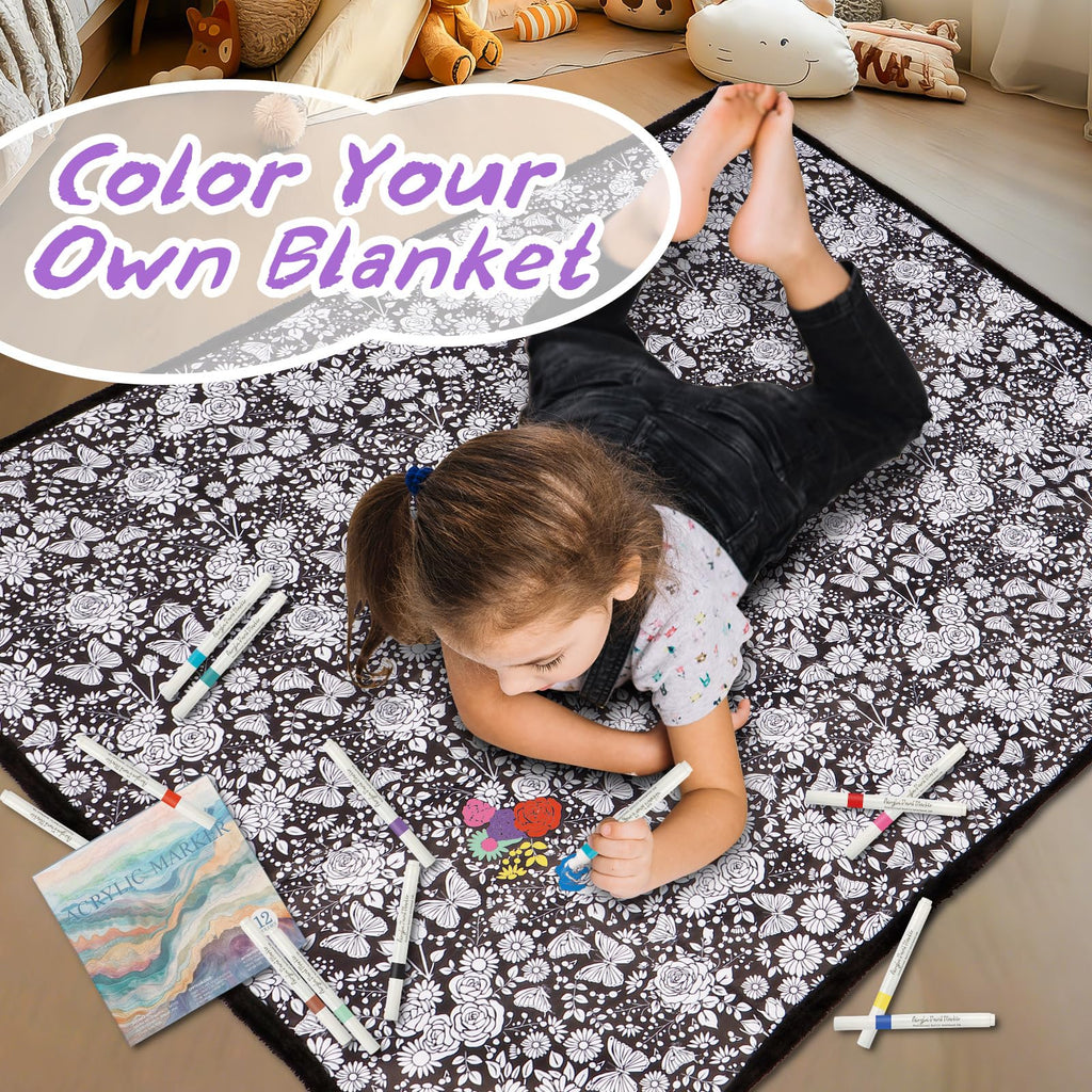 DIY Coloring Blanket for Adults – Mushroom Design with 12 Markers