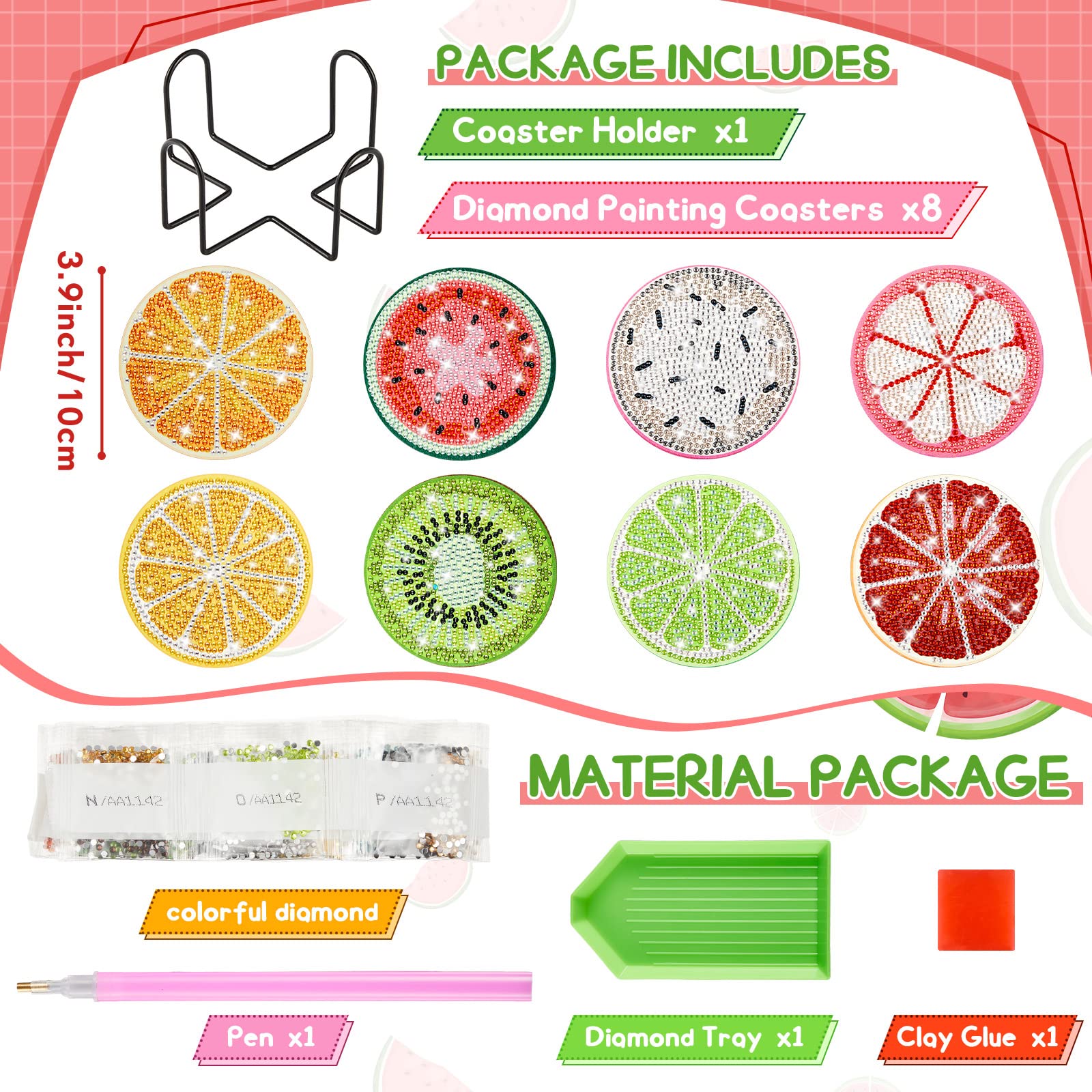 8PCS DIY Diamond Painting Coasters – Fruit Style