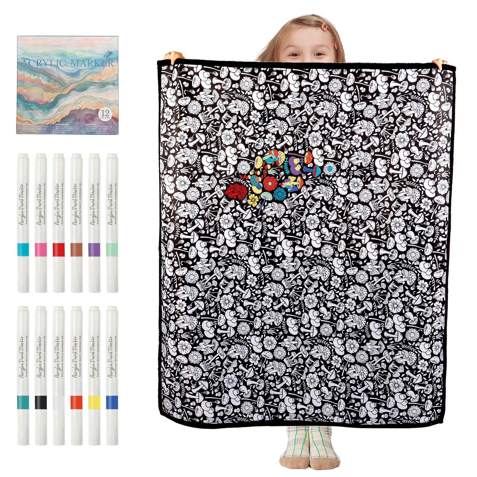 DIY Coloring Blanket for Adults – Mushroom Design with 12 Markers
